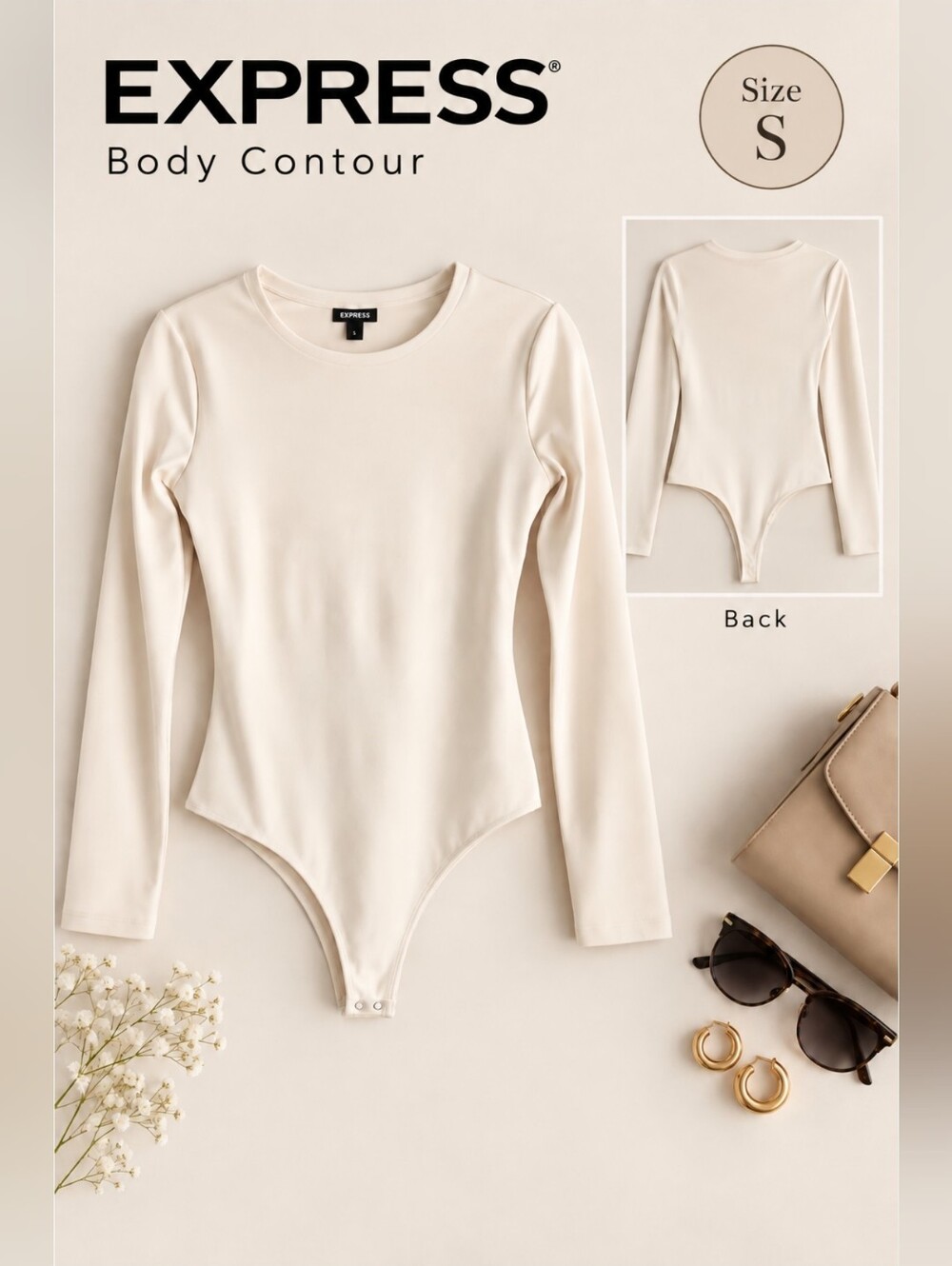 Express Body Contour Minimalist Ecru Long-Sleeve Scoop Neck Bodysuit, Small